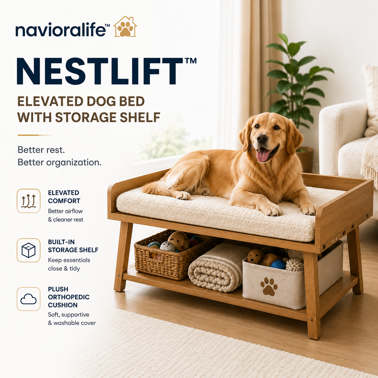 navioralife™ NestLift Elevated Dog Bed with Storage Shelf